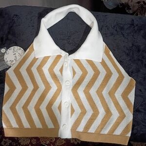 Jolie & Joy- Chevron Patterned  Collar Knit Top - White and Tan Size Large NWT